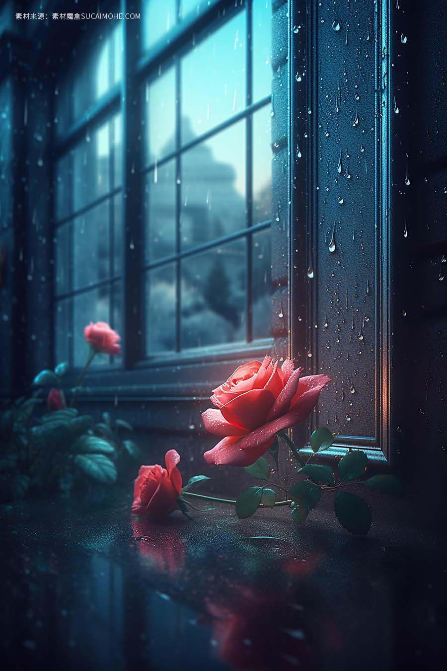 窗边的红玫瑰给房间带来了一丝浪漫的生成
