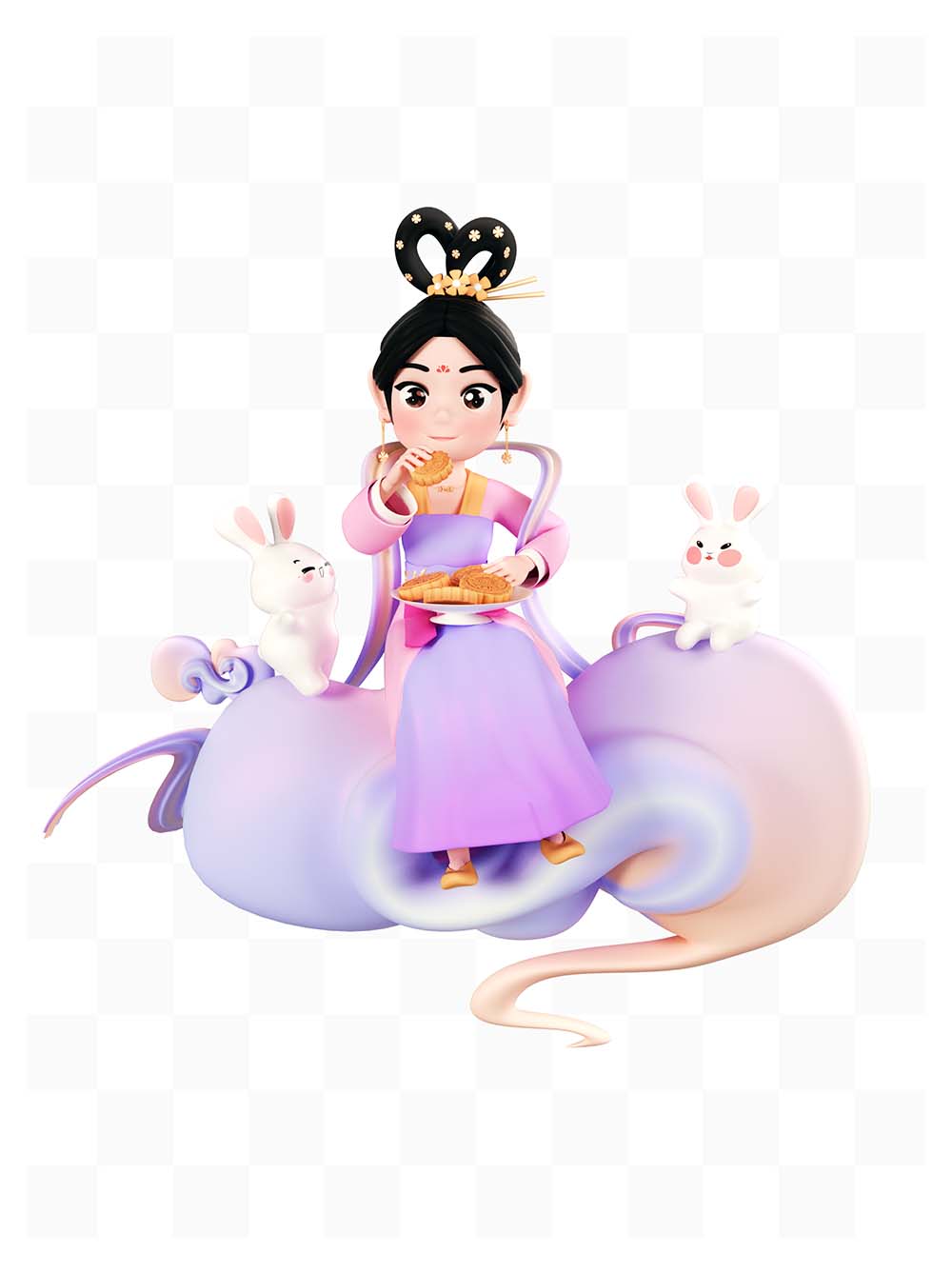 3D中秋节嫦娥可爱古装人物广寒宫月兔元素