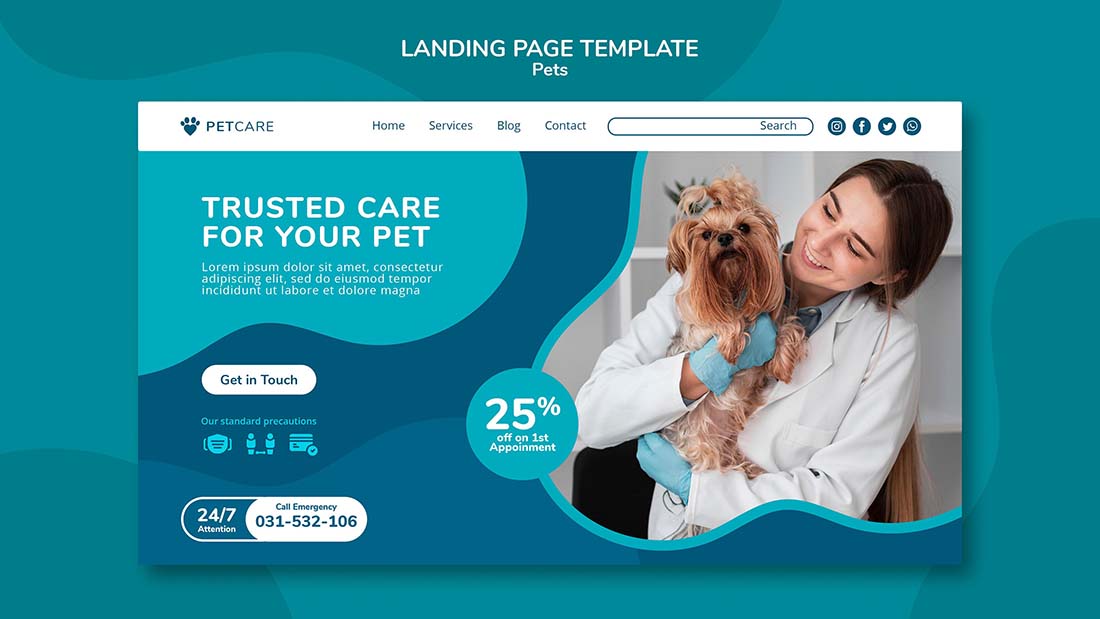 与女兽医和约克夏狗的宠物护理的登陆页面Psd源文件landing-page-pet-care-with-female-veterinarian-yorkshire-terrier-dog