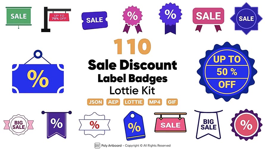 AE模板-110组宣传促销打折徽章标签矢量图形动画 Sale Discount Label Lottie Badges