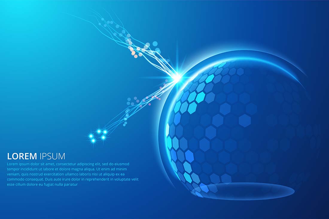 蓝色生物基因背景上的圆顶盾几何矢量图