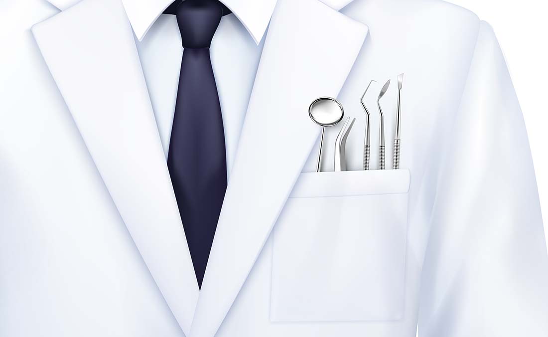 免费矢量口腔牙医实图像的白大衣、领带和胸袋插图中的工具