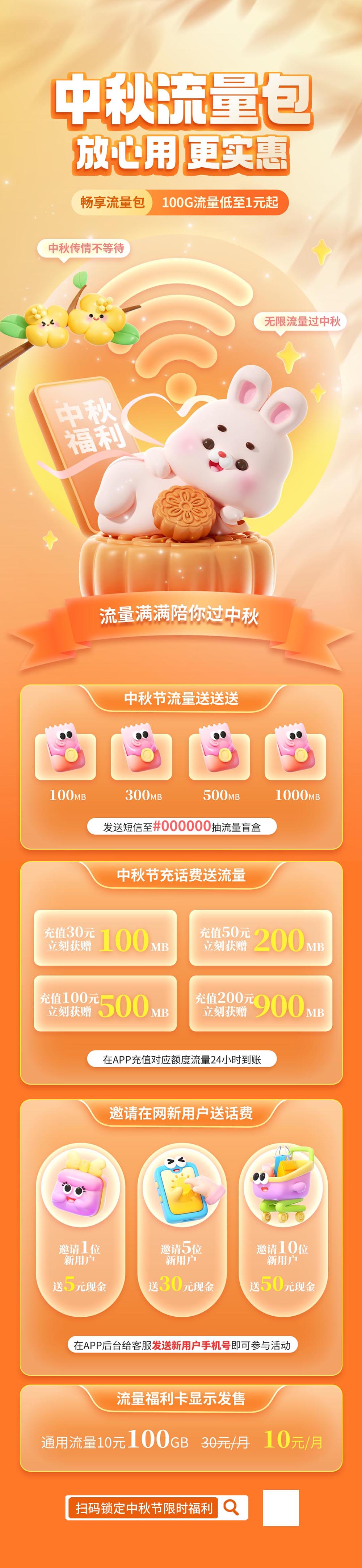 创意3D中秋节宽带流量话费活动信息长图