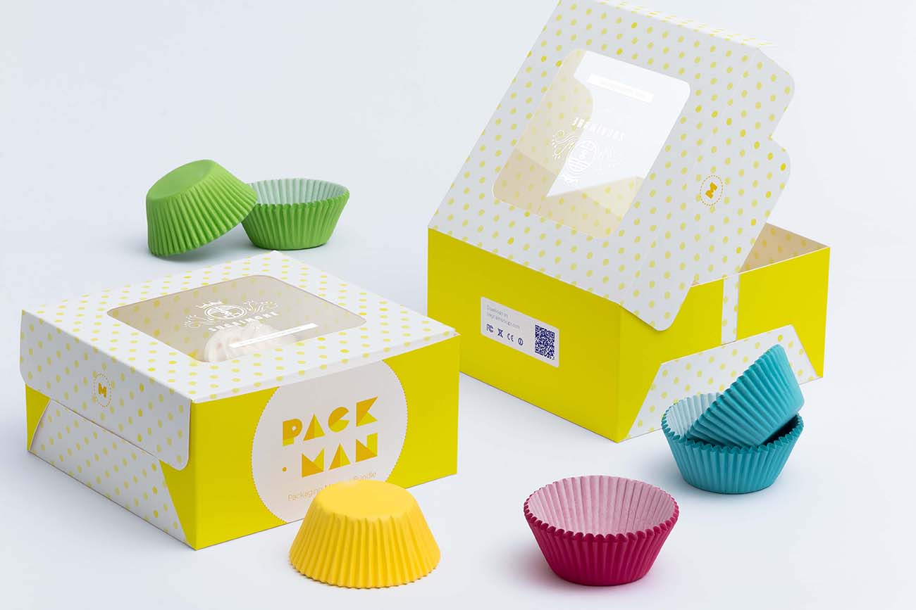 四只装纸杯蛋糕甜点包装盒设计图样机（含刀板）
