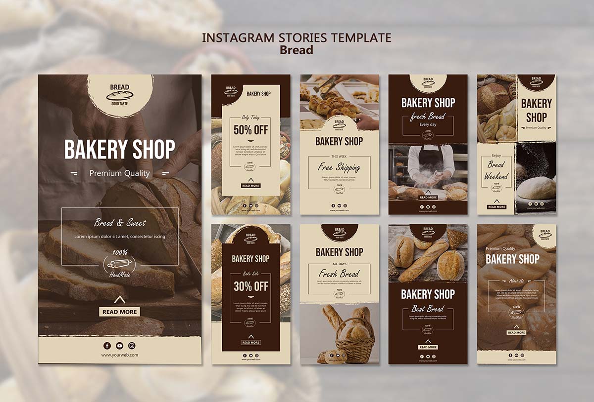 9张西餐厅面包海报单页创意设计PSD源文件bread-instagram-stories-template
