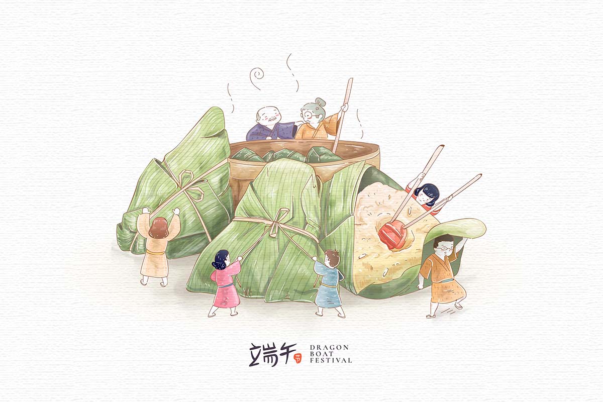 端午节手绘家庭吃粽子海报设计AI源文件hand-drawn-family-preparing-eating-zongzi