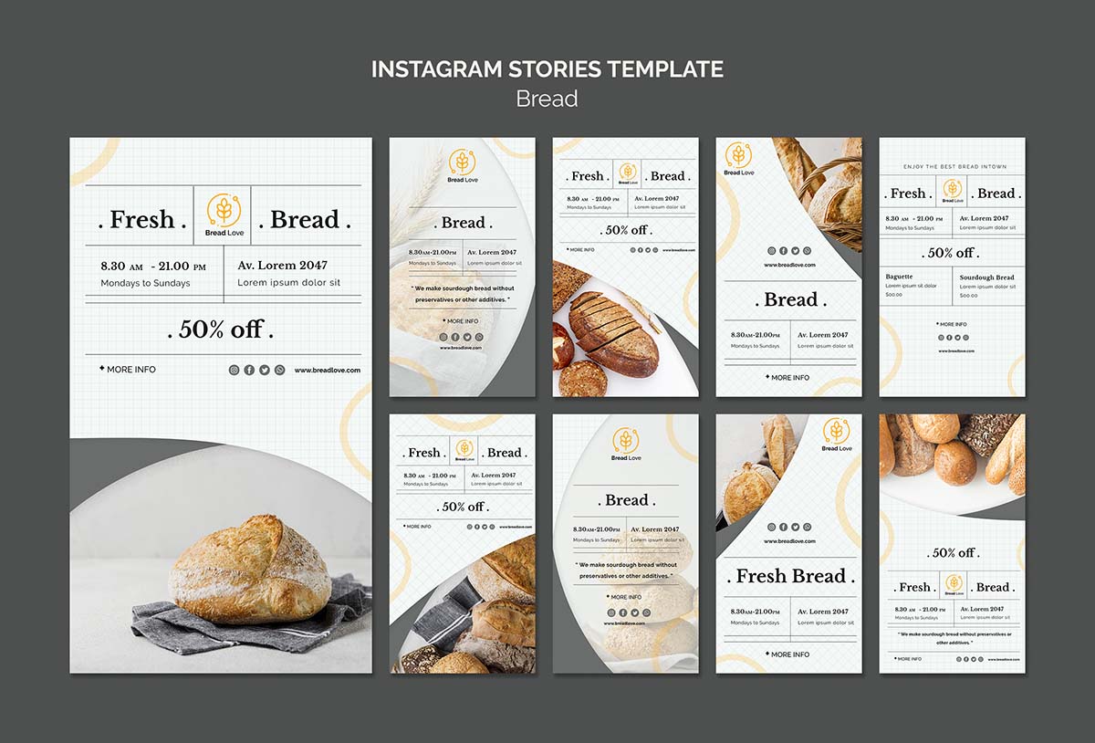 9张西餐厅面包海报APP滚屏广告设计PSD源文件instagram-stories-template-with-bread