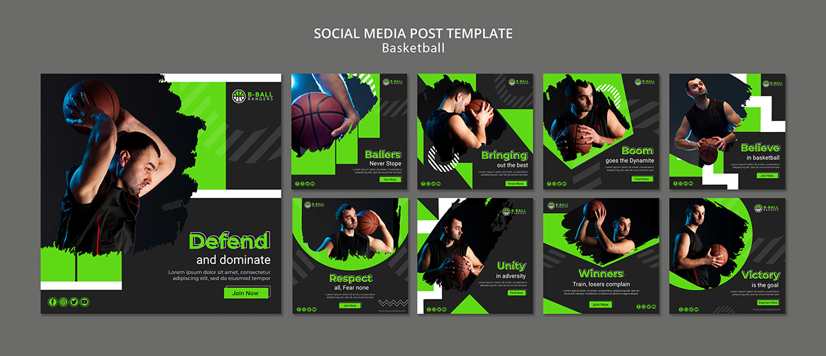 9张绿色能量篮球赛宣传展板海报设计PSD源文件basketball-social-media-post