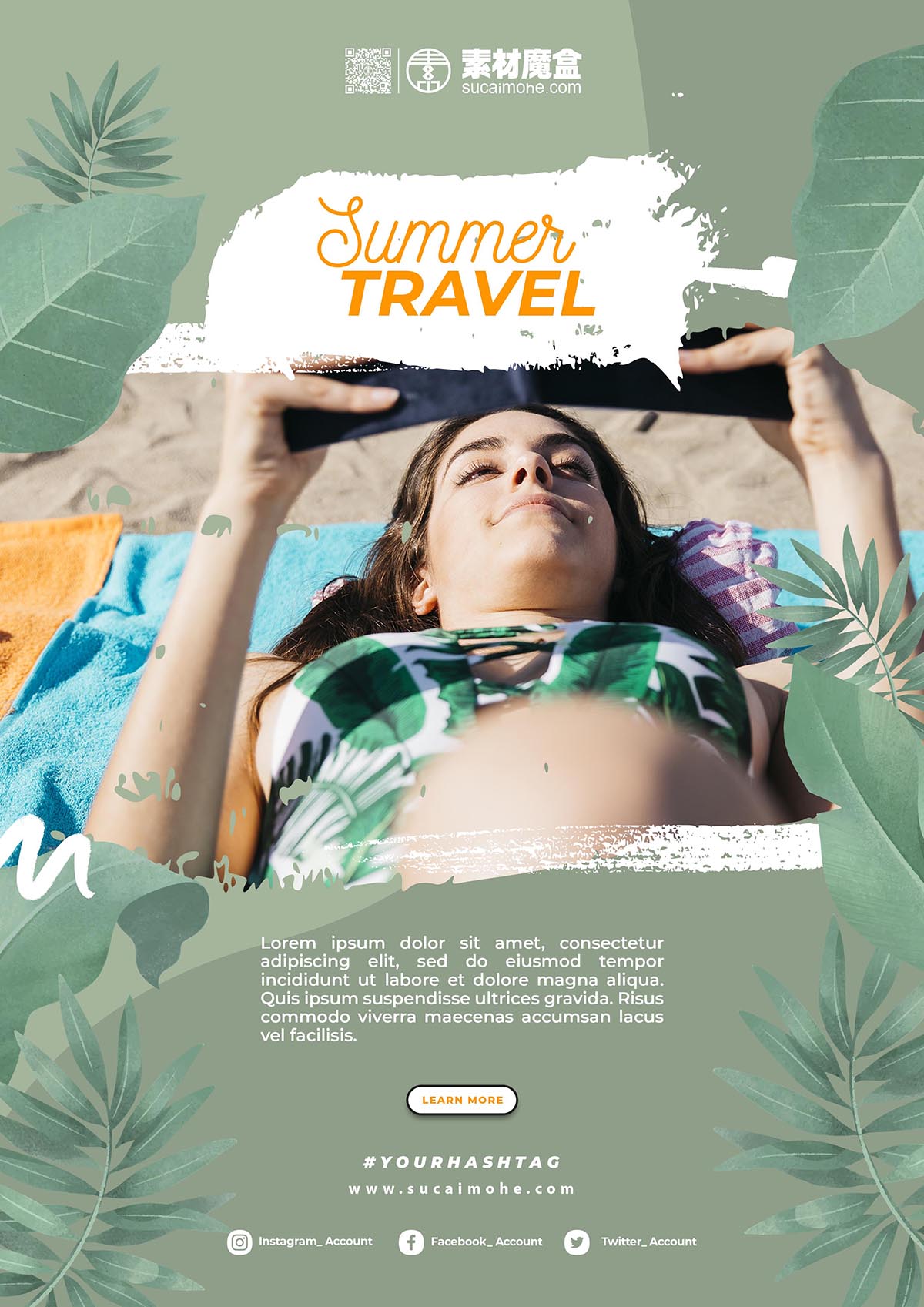 女性海滩夏季旅游海报模板PSD源文件woman-beach-summer-travel-poster-template