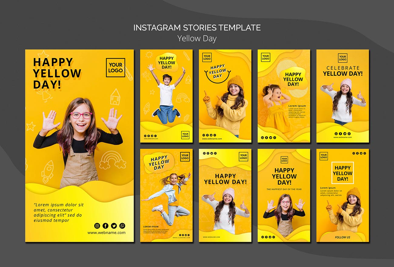 9张儿童黄色抽象海报PSD源文件yellow-day-concept-instagram-stories-template