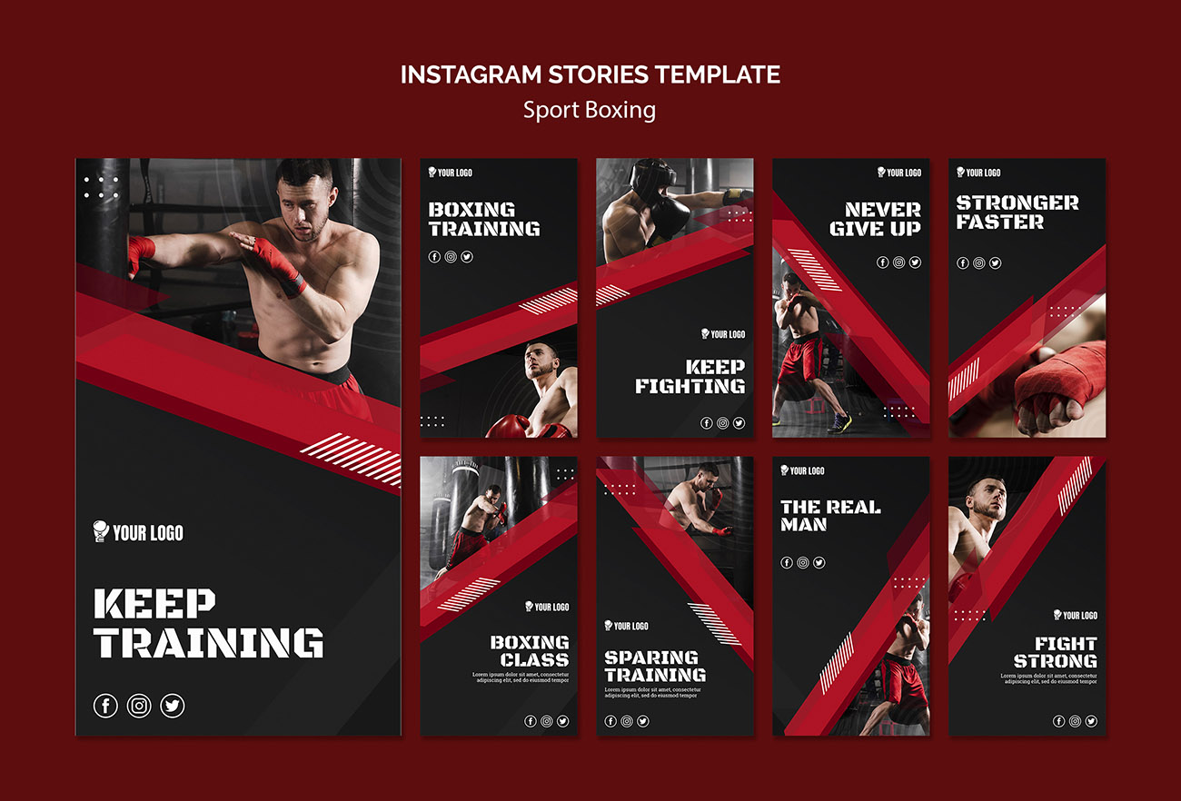 7张拳击健身减肥海报单页设计PSD源文件keep-training-boxing-instagram-stories