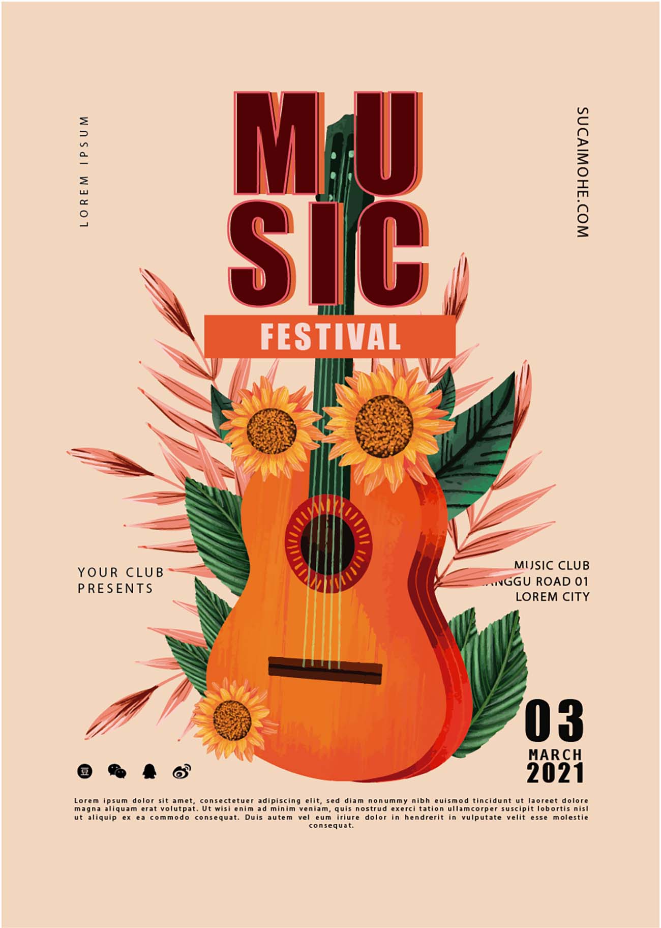 音乐节海报吉他与向日葵AI/EPS矢量源文件music-festival-poster-guitar-with-sunflower