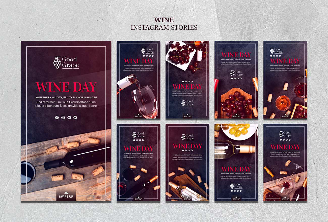 9张欧式高端酒红色红酒销售广告海报设计PSD源文件wine-instagram-stories-template