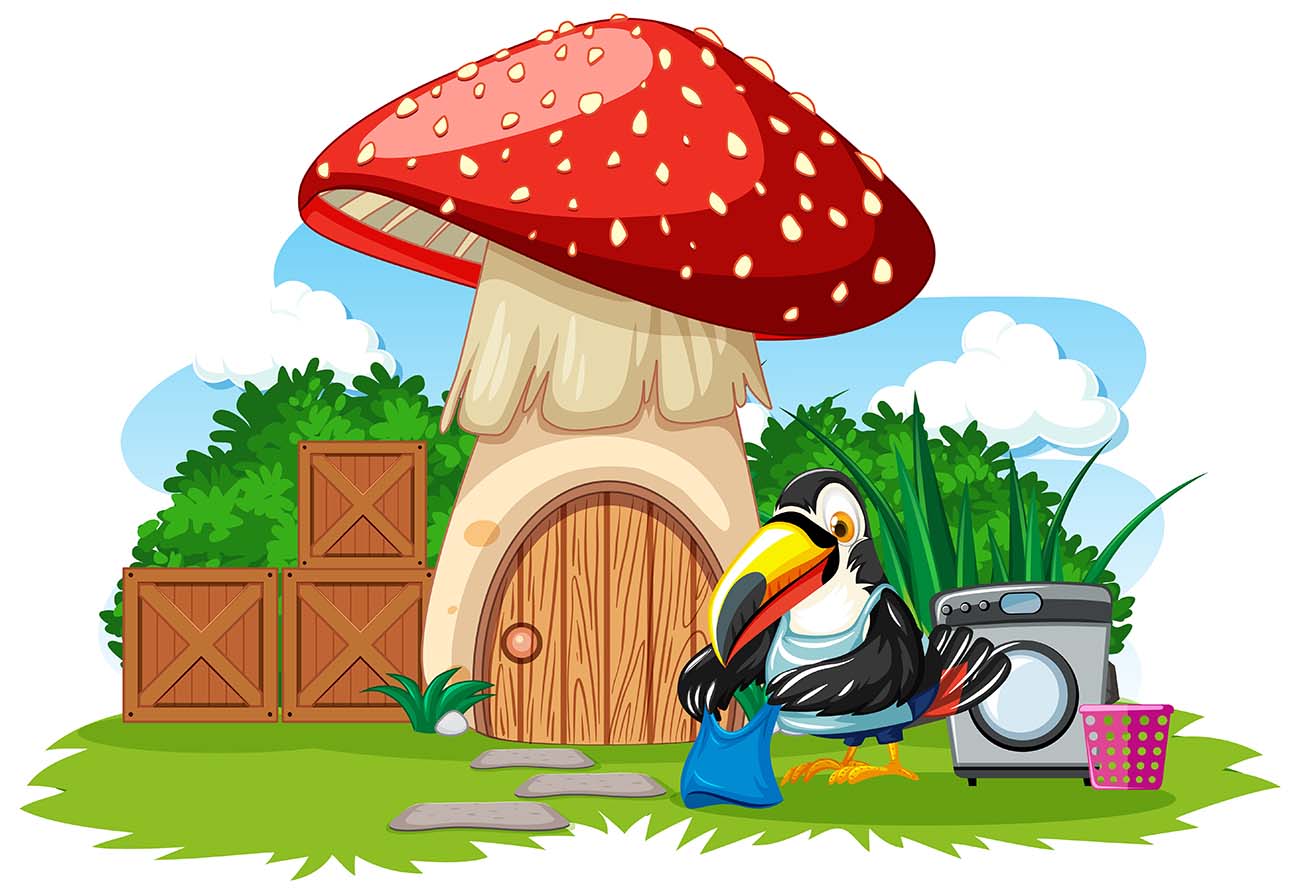 可爱的小鸟蘑菇屋卡通风格背景eps源文件