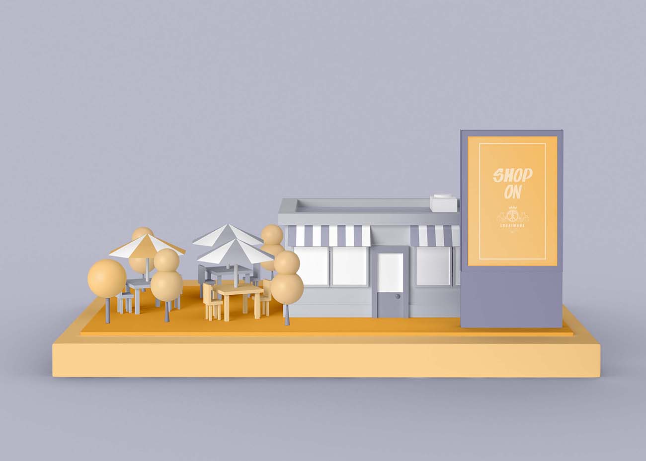 黄色3D立体商店建筑户外广告PSD源文件exterior-advert-shop-concept