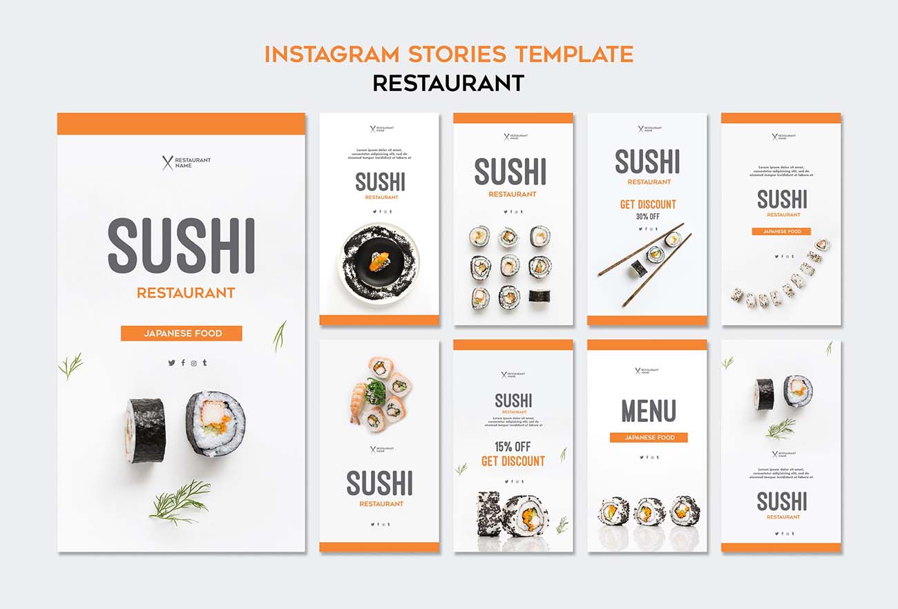 日韩寿司料理餐厅产品海报创意设计PSD源文件sushi-restaurant-instagram-stories-template