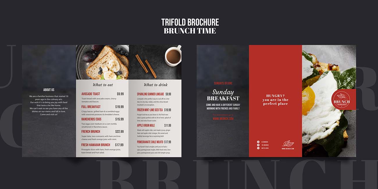 西餐美食三折页价目表创意设计PSD源文件brunch-time-trifold-brochure-template