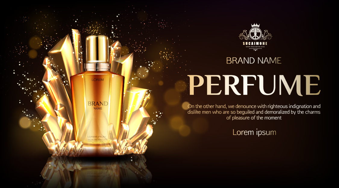 金色丝绸折叠织物矢量香水玻璃瓶perfume-glass-bottle-golden-silk-folded-fabric