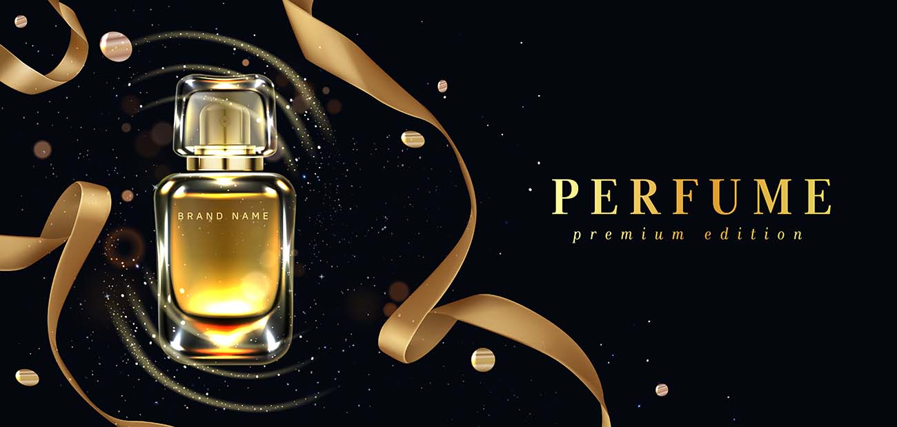 香水瓶和黑色免费矢量上的金色彩带perfume-bottle-gold-ribbon-black