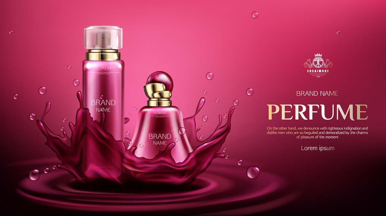 在水飞溅的香水防臭剂瓶化妆品海报广告perfume-deodorant-bottles-water-splash-with-drops