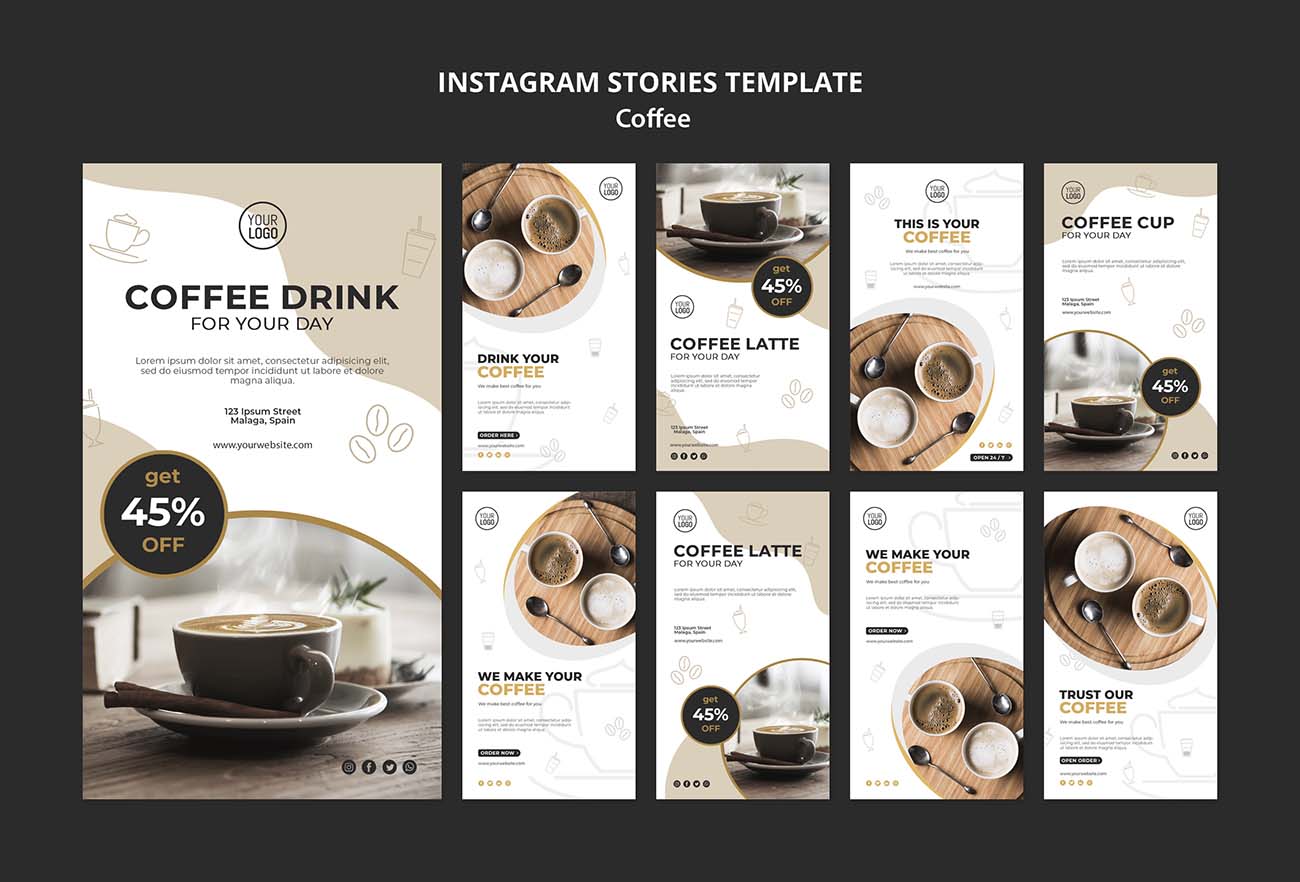 办公室便携速溶咖啡机滚屏海报设计PSD源文件coffee-instagram-stories-template