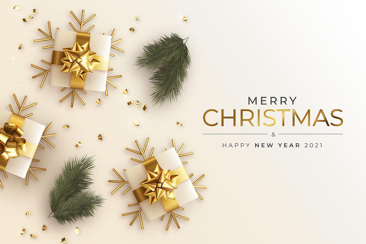 现实的圣诞节和新年贺卡，礼物和分支机矢量realistic-christmas-new-year-greeting-card-with-presents-bran