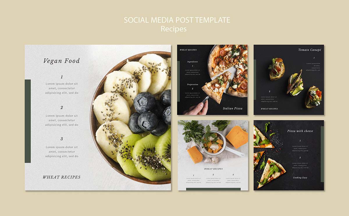 5张美食西餐海报创意设计PSD源文件delicious-recipes-social-media-post-template
