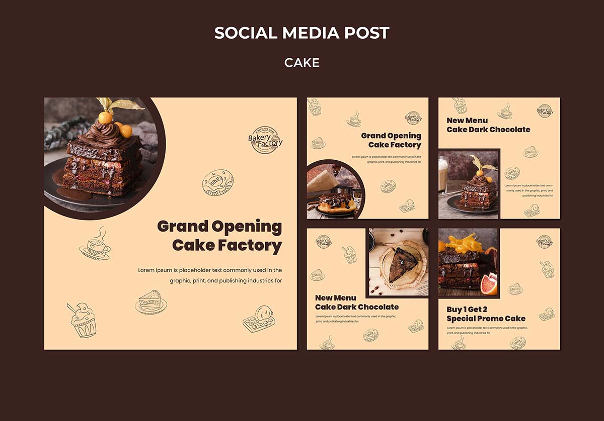 5张西餐美食海报设计PSD源文件grand-opening-cake-factory-social-media-post