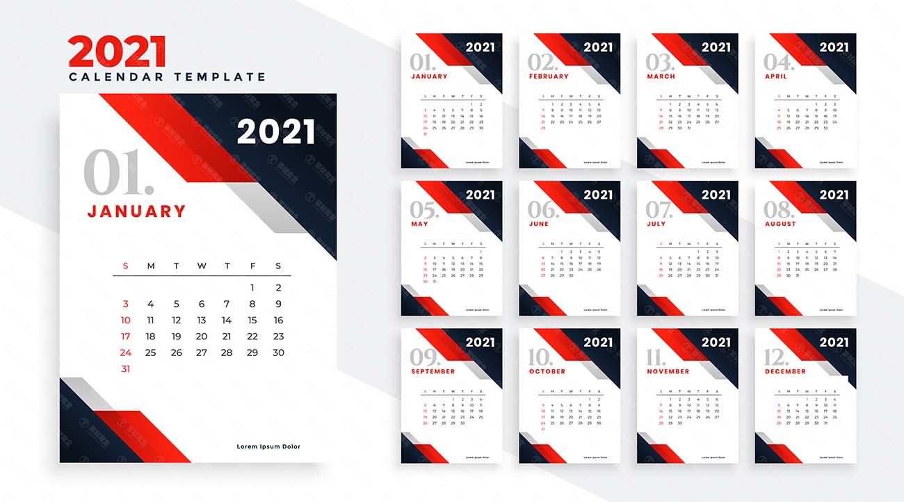 红色商务风格2021新年快乐日历设计矢量2021-happy-new-year-calendar-design-red-business-st<x>yle