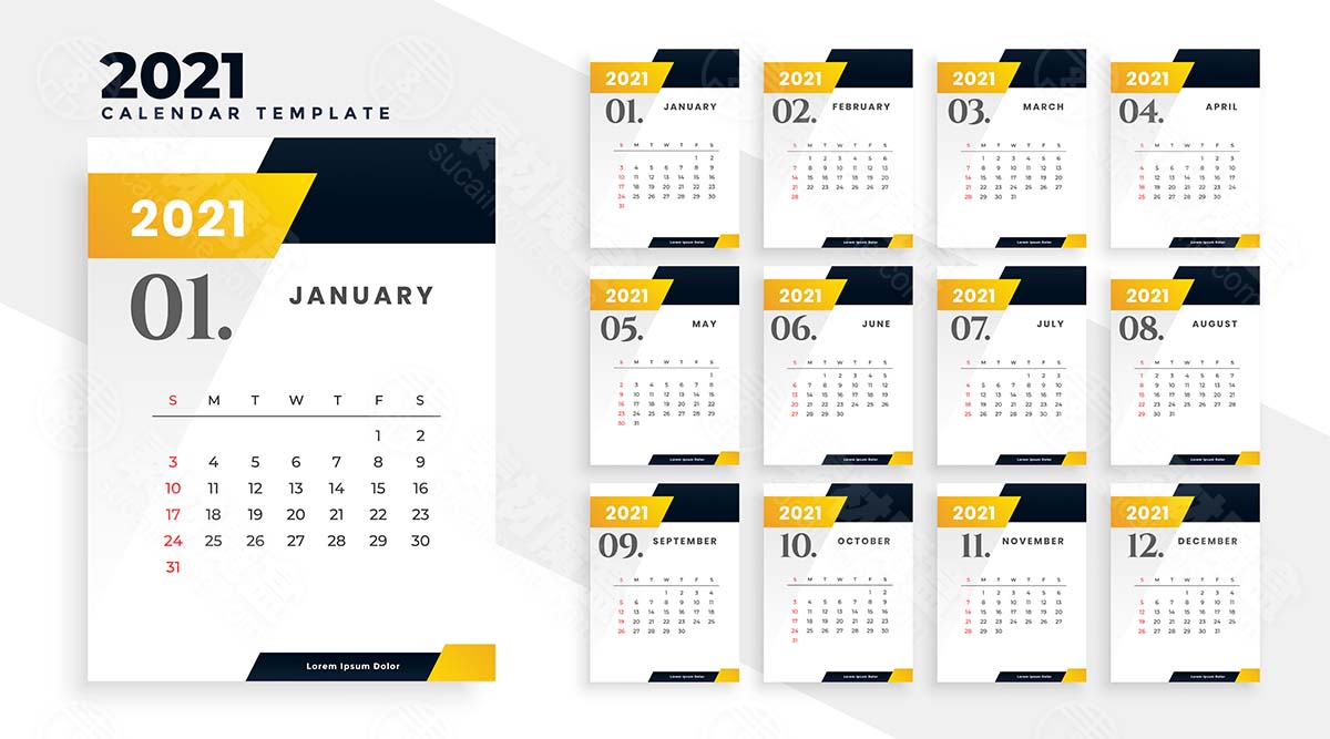 时尚黄色牛年新年日历设计模板矢量stylish-yellow-2021-new-year-calendar-design-template