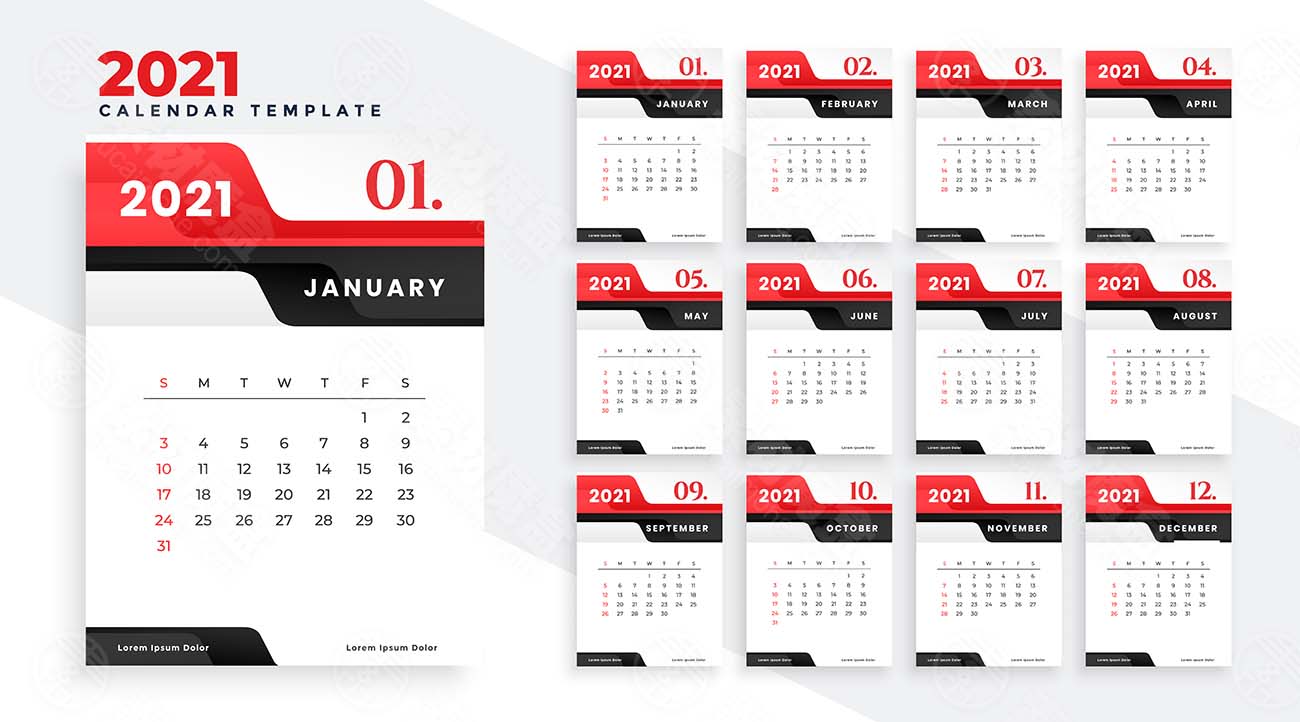 现代牛年红色新年日历设计模板矢modern-2021-red-new-year-calendar-design-template