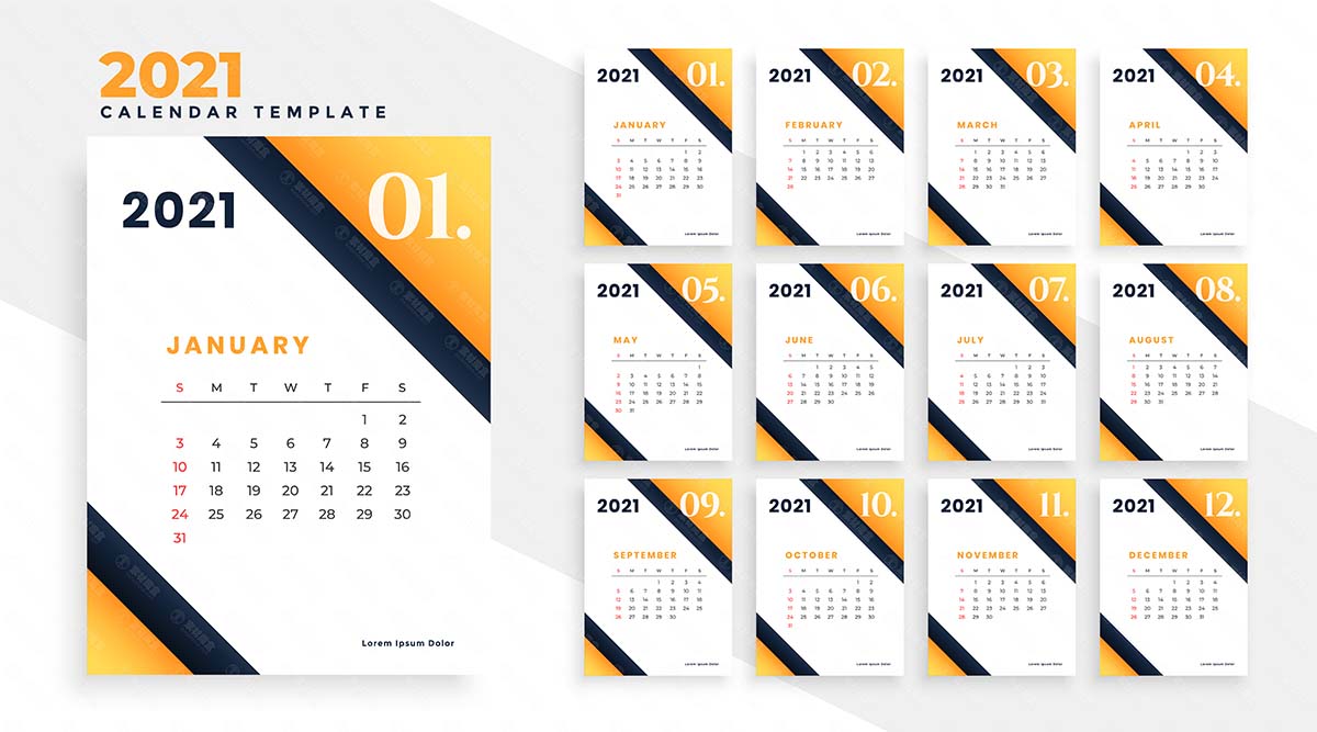 时尚-牛年-新年日历-设计-黄色stylish-2021-new-year-calendar-design-yellow-color
