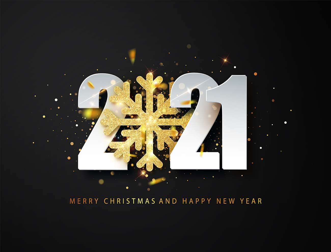 2021年新年快乐问候背景与金色闪光雪花和黑色背景上的白色数字