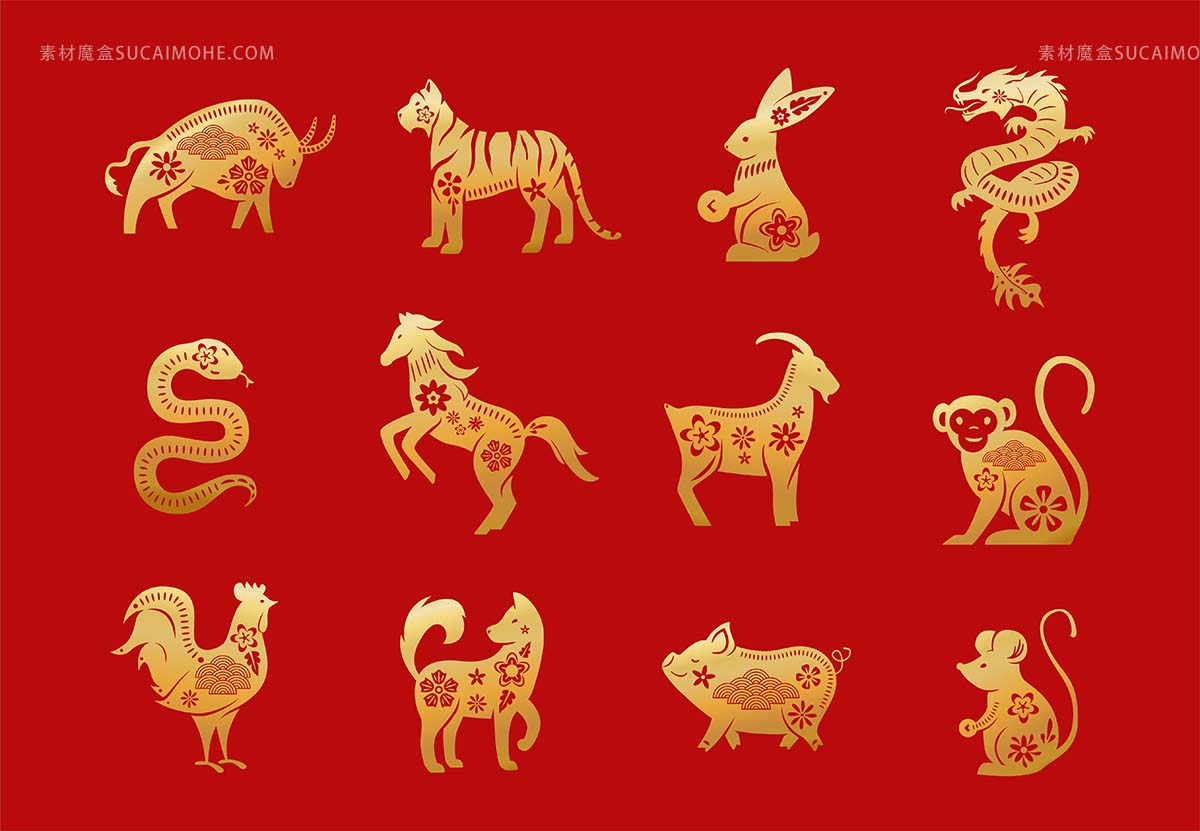 生肖动物/十二个亚洲新年金色字符设置隔离矢量源文件chinese-zodiac-animals-twelve-asian-new-year-gol