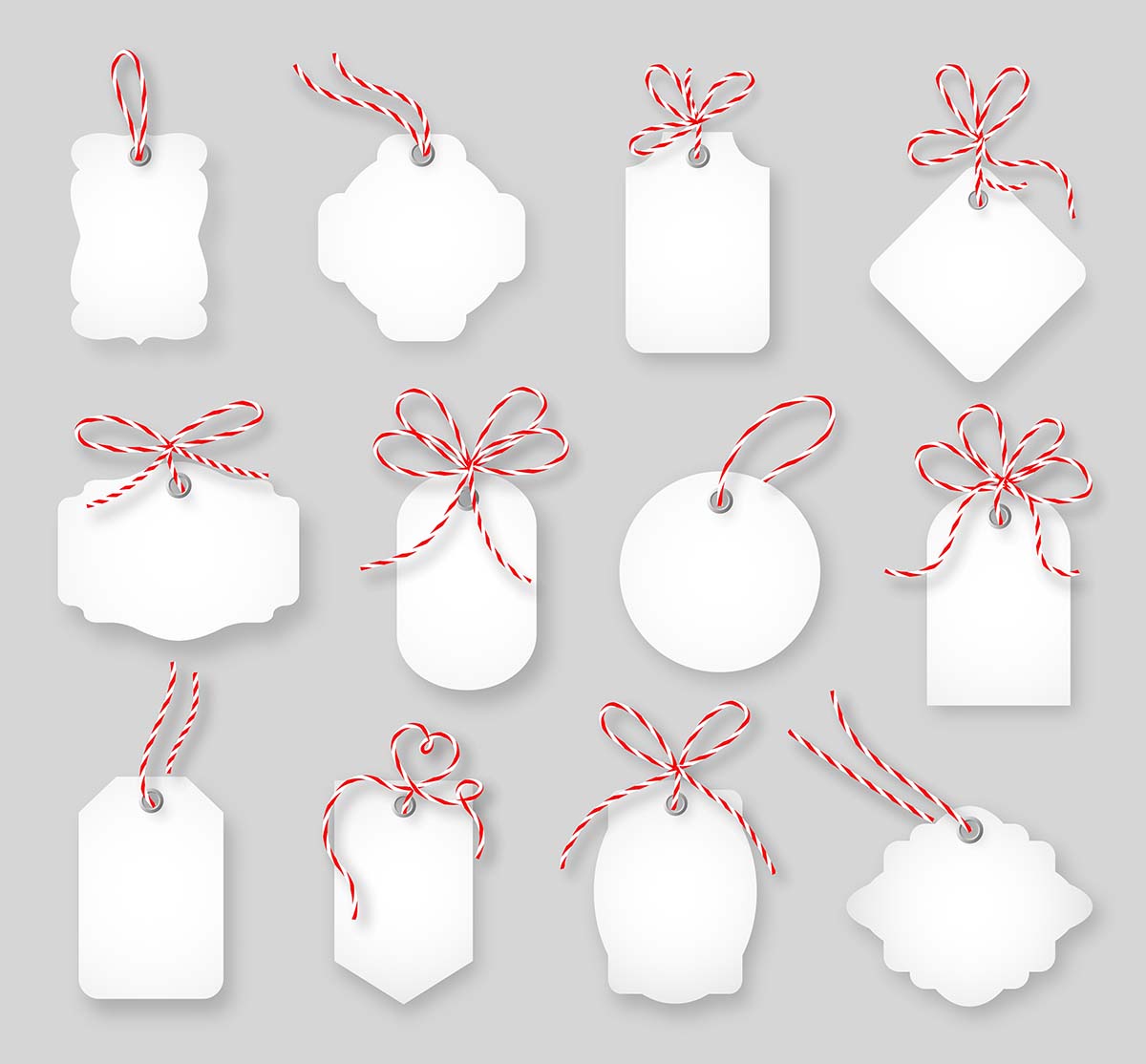 价格标签和礼品卡用麻绳蝴蝶结绑起来。标签纸，销售设计，结，矢量图免费矢量price-tags-gi
