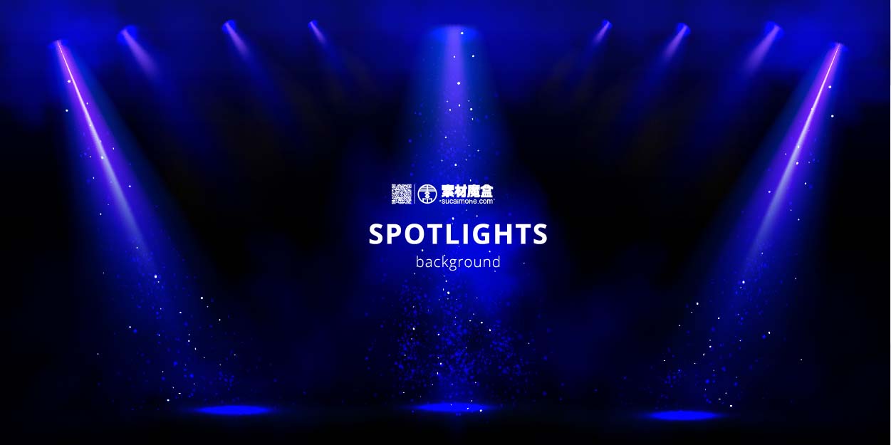 聚光灯背景，蓝色舞台光束与烟和黑色背景上的火花spotlights-background-blue-stage-light-beams-with-sm