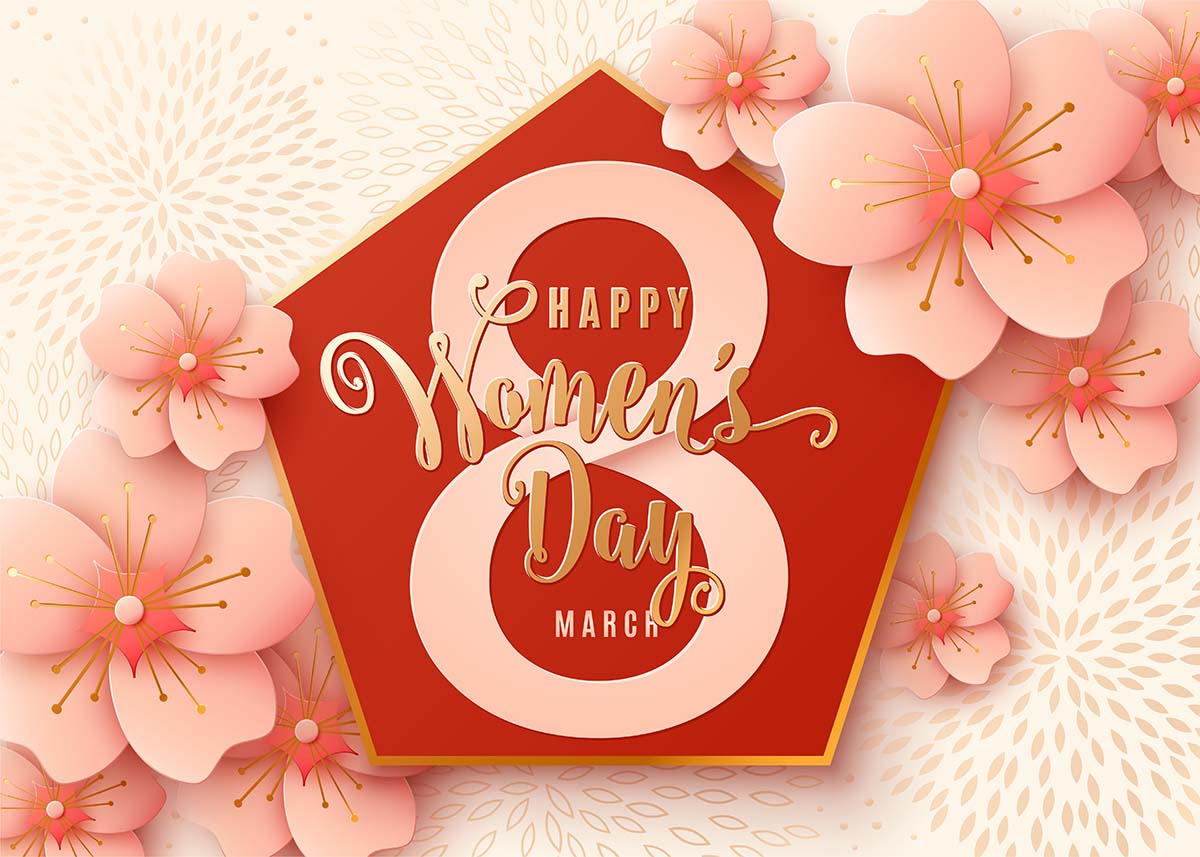 3月8日庆祝活动背景设计与浅粉红色的花朵。妇女节快乐一天金色刻字与樱花纸艺术8-march-cel