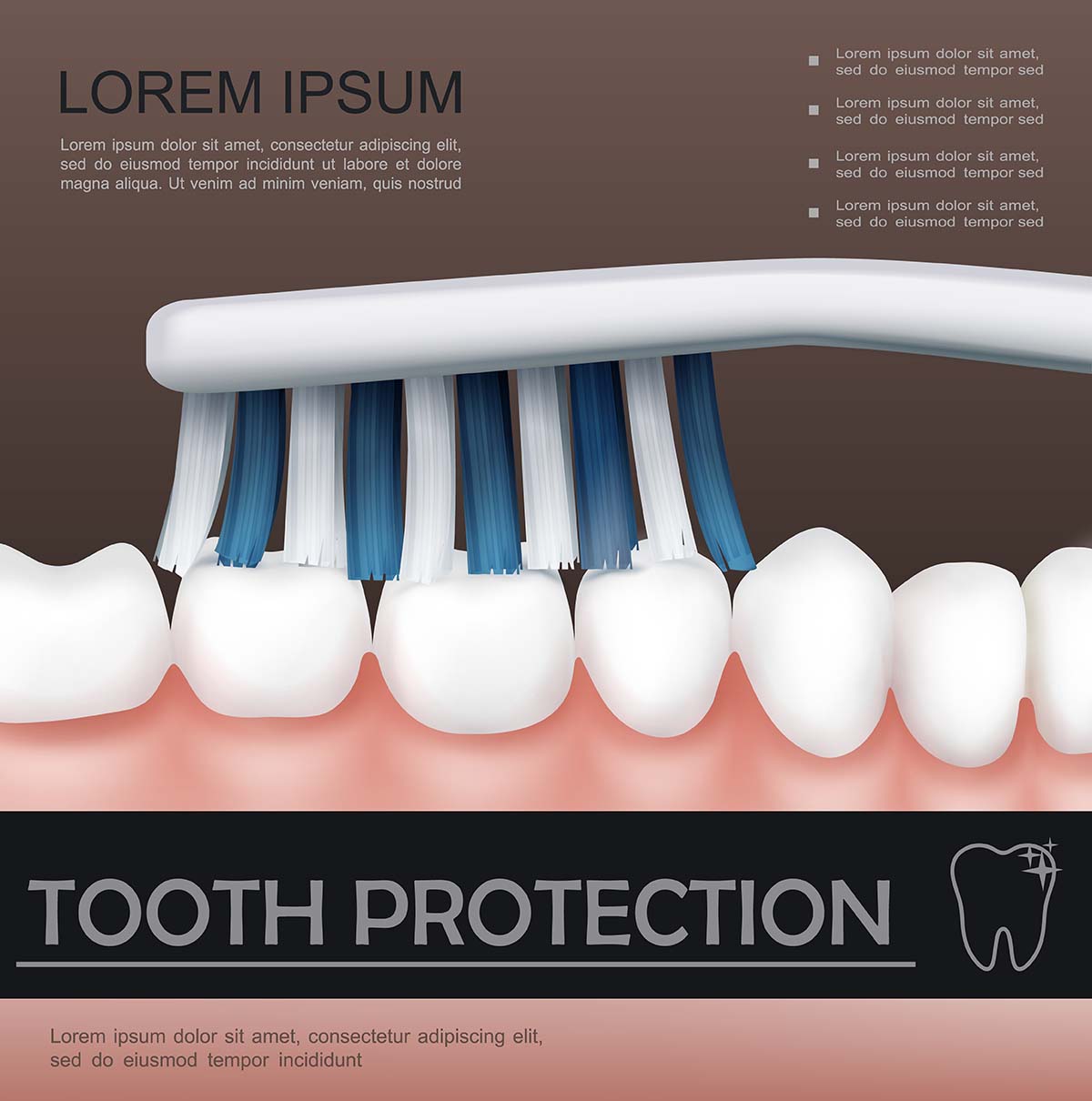 牙齿护理丰富多彩的概念与健康刷牙过程的写实风格海报设计