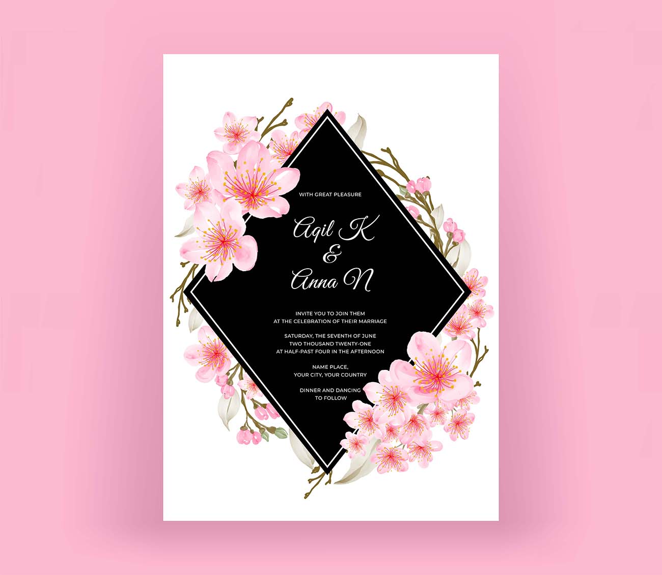 现代婚礼邀请卡与美丽的樱花免费矢量