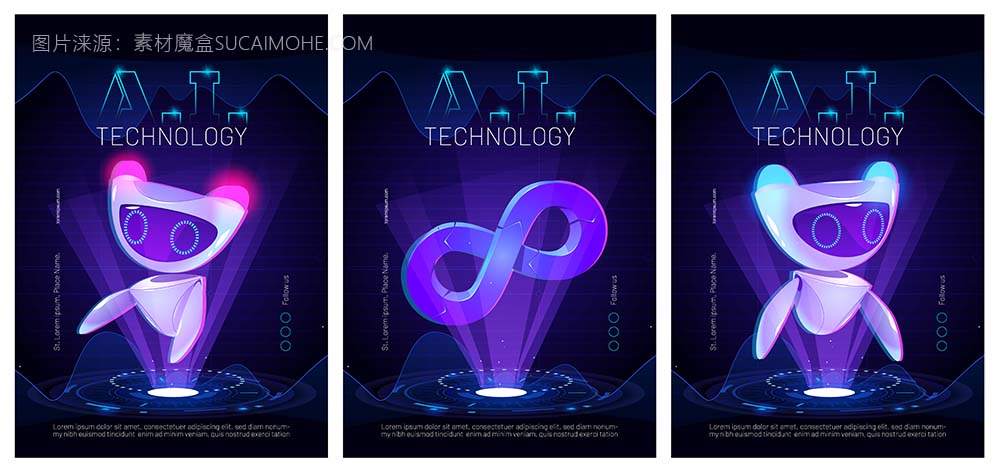 人工智能技术海报与可爱的机器人角色人工智能在科学和商业智能机器概念卡通插图与未来派