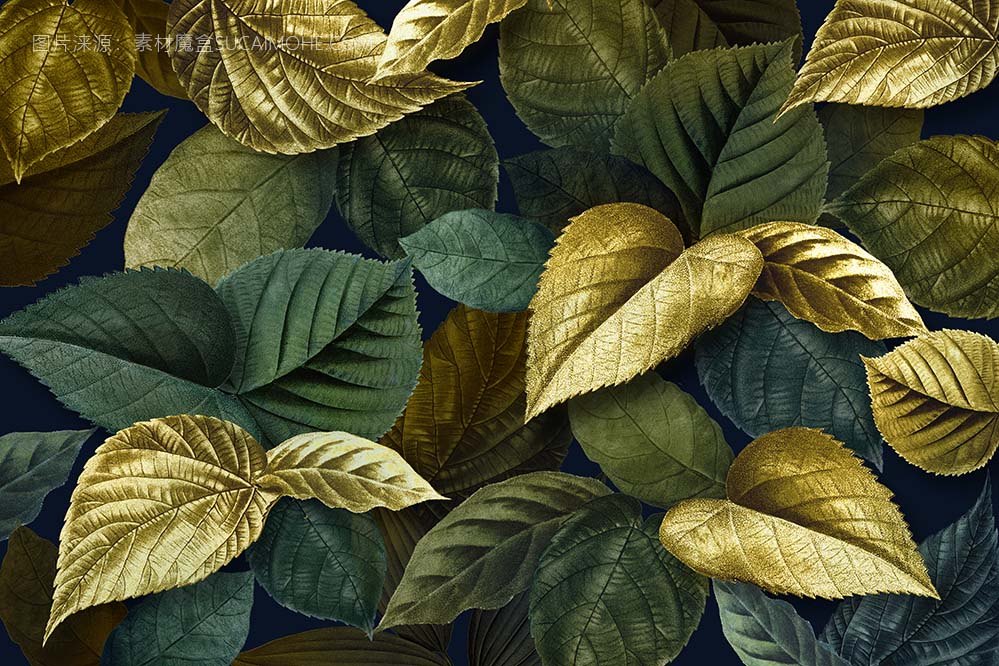 金属金色和绿色树叶带纹理的背景